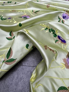 中国风真丝库缎重工刺绣面料绿色35姆米新中式外套100%桑蚕丝布料