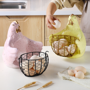 树脂彩绘母鸡造型鸡蛋篮家用厨房样板房装饰摆件创意收纳铁编篮子