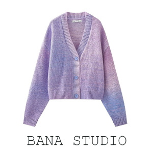 BANA外贸剪标UR单宽松V领紫色渐变短款针织开衫女小个子毛衣外套