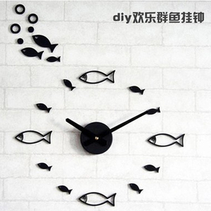 包邮静音亚克力鱼群挂钟 创意简约DIY趣味小鱼客厅墙贴装饰钟表