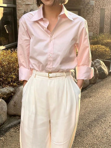 韩系chic气质浅粉色衬衫女秋季新款时尚洋气休闲百搭长袖衬衣全棉