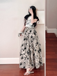 Qiaooo 法式浪漫涂鸦花朵系列 亚麻吊带连衣裙 植绒公主半身裙