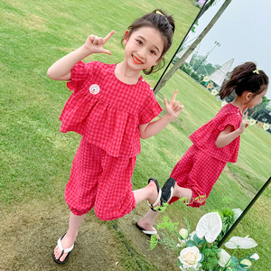 女童套装夏季洋气时髦2024新款女孩网红火龙果格子两件套宝宝夏装