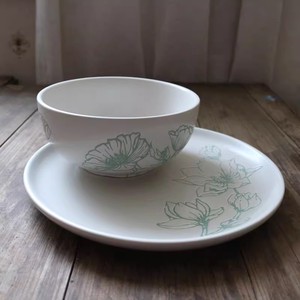 出口欧洲陶瓷哑光糙米色雕刻花卉10寸牛排餐盘沙拉碗家用碗