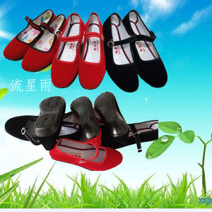 儿童北京布鞋小礼仪舞蹈平高跟黑平绒学生红色方口女童北京布鞋