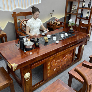 老船木茶台新中式实木功夫茶几桌椅组合办公室家用一体高端泡茶桌