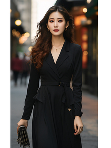 酷飒风女装黑暗系赫本风黑色西装连衣裙2024年春季长袖设计感裙子