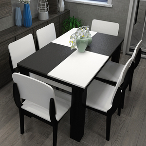 简约北欧火烧石餐桌组合现代家用餐台黑白大理石饭桌天然小户型