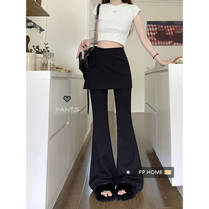 PPHOME个性甜酷~黑色假两件微喇休闲裤女高腰马蹄裤设计感长裤子