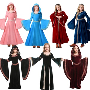 欧洲15中世纪服装万圣节女童服饰黑色收腰花纹童装戏剧舞台服