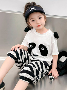 女童熊猫短袖套装夏装2024新款小女孩洋气时髦两件套儿童薄款衣服