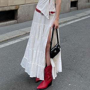 H家欧美女装 Sydney街头纯白色层次感开叉长裙法式度假风显瘦半裙