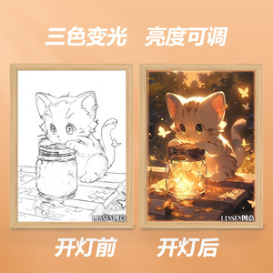 灯光画猫咪创意可爱治愈系哆啦a梦少年以梦为马素描画猫灯光画