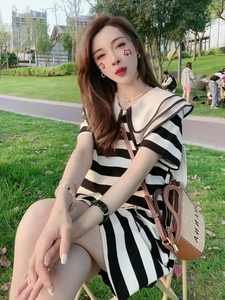 夏季新款韩风chic娃娃领短袖条纹连衣裙女甜美减龄气质t恤短裙子