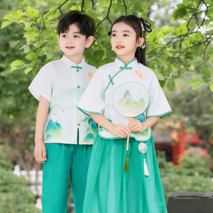 六一小学生演出绿色汉服幼儿园爱国歌咏合唱朗诵比赛诗词古风服装