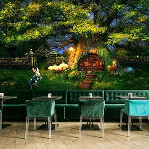 梦幻游乐园幼儿园童话世界墙纸森林大自然风景壁纸儿童房餐厅墙布