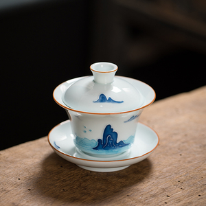 精品纯手工手绘填彩三才中盖碗茶杯德化白瓷单个功夫泡茶陶瓷茶具