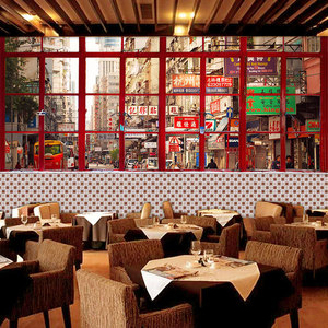 香港建筑街景墙纸复古怀旧港风假窗户冰室装饰壁画港式茶餐厅壁纸