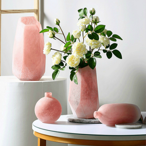 外贸出口手工玻璃粉色花瓶北欧ins风轻奢钻石切面花器家居装饰品
