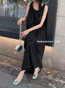 HGL夏季2024新款黑色涤纶棉半身裙背心伞裙套装夏装女韩国连衣裙
