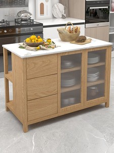 美式全实木餐边柜定制厨房大理石中岛料理台收纳柜可移动吧台橱柜
