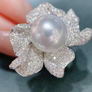 超大天然淡水珍珠媲美澳白冷白正圆白色大珠满钻花朵戒指14-15mm