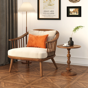 美式实木单人沙发椅设计师款客厅家用小户型复古侘寂风扶手休闲椅