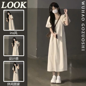 韩版高级白色泡泡袖夏季连衣裙2023新款初恋感夏天女士显瘦长裙子