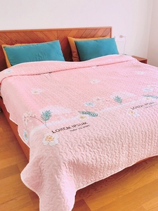 加厚衍缝双人榻榻米家用夹棉床单粉红色花朵床盖单件褥子垫被床褥