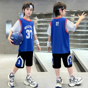 儿童篮球服男童假两件球衣棉质混纺小学生表演服浆糊瓜子运动套装