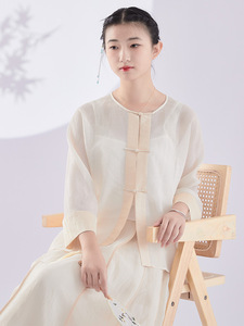 新中式麻纱改良唐装盘扣茶人服禅意上衣国风高端茶艺师服装女套装