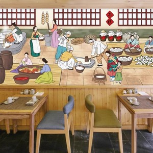手绘韩式餐厅墙纸复古韩国料理店壁纸朝鲜族饭店背景墙烤肉店壁画