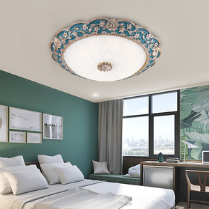 美式LED吸顶灯 卧室欧式田园房间卧室灯具简约创意圆形蓝色主卧灯