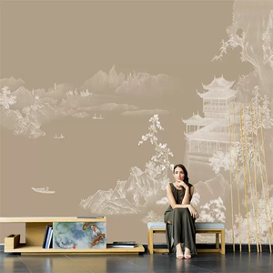 新中式古典山水画电视背景墙纸客厅沙发墙布酒店壁纸无缝卧室壁画