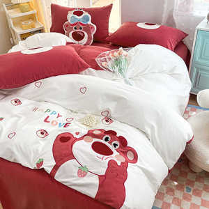 卡通可爱A类迪士尼全棉四件套草莓熊纯棉床单被套儿童三件套1.8床