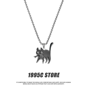 1995C 叼鱼猫咪项链女可爱卡通创意个性卫衣链男潮流嘻哈钛钢饰品