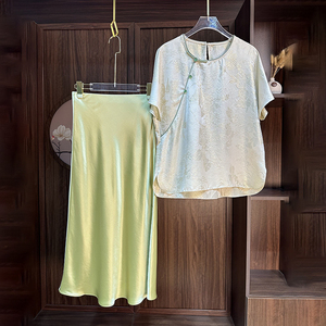 夏季真丝套装裙女桑蚕丝短袖新中式上衣草绿色醋酸半身裙两件套