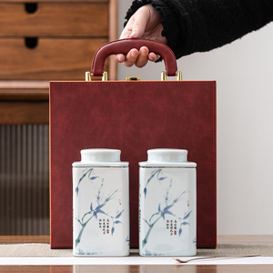 高档皮盒茶叶包装盒空礼盒古树红茶绿茶龙井白茶陶瓷精致茶叶罐空