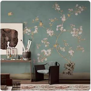 现代环保壁纸新中式海棠花鸟意境淡雅卧室客厅背景墙壁布定制壁画