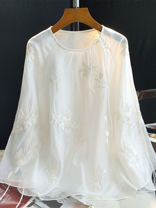 新中式国风刺绣衬衫2024夏季女装新款复古盘扣小衫民族风白色上衣