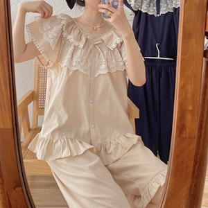 韩国夏季甜美公主风纯棉睡衣女法式甜美荷叶边蕾丝短袖中裤套装薄