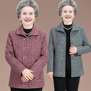 奶奶外套时尚春秋洋气薄款格子女短款中老年人女装秋装妈妈上衣服