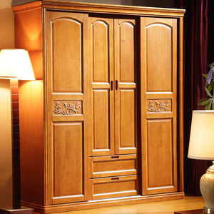 简约现代中式四门实木加顶橡木衣柜木质大衣橱储物柜推拉卧室家具
