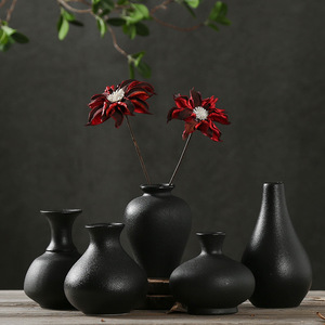 陶瓷小花瓶干花插花禅意摆件复古风茶室装饰中式黑陶迷你日式花器