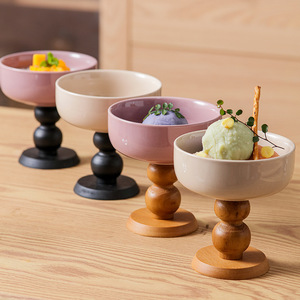 法式复古甜品碗高颜值冰激凌高脚杯创意木质高脚碗家用雪糕布丁杯