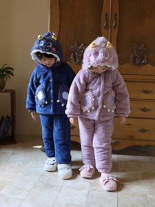 阿宝托比儿童睡衣女童冬季珊瑚绒三层夹棉特加厚款家居服保暖套装