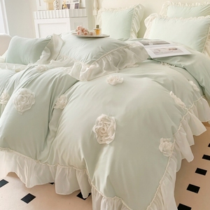 法式甜美雪纺花边床单四件套少女心亲肤立体绣花被套被罩床上用品
