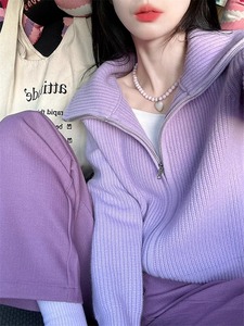 2024早春装新款紫色翻领拉链毛衣外套女针织开衫内搭打底上衣加厚