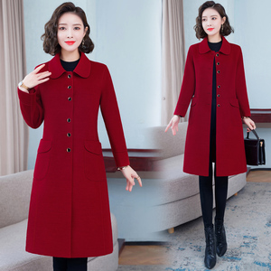 双面绒大衣红色2024秋冬季修身显瘦中长款妈妈装羊毛呢子风衣外套