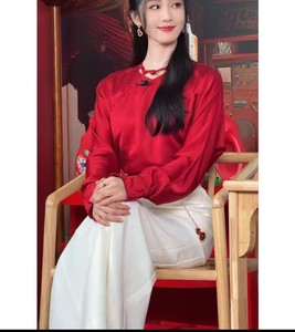 刘诗诗同款红色衬衫白色半身裙两件套装女装新年穿搭新中式轻国风